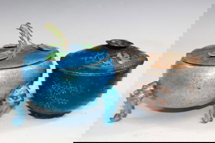 Chinese Enamel Incense Burner and Asian Pewter Cup