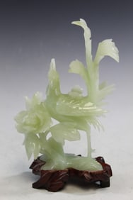 Chinese Carved Celadon Jade Rooster Figure on Wood Stand
