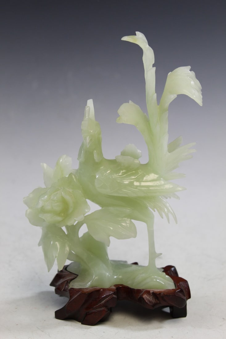 Chinese Carved Celadon Jade Rooster Figure on Wood Stand: Chinese Carved Celadon Jade Rooster Figure on Wood Stand. H 18 cm. As Is.