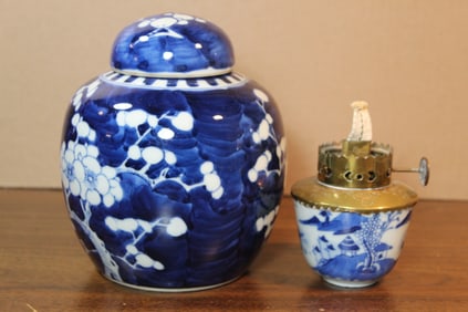 Chinese Blue and White Porcelain Ginger Jar and Oil Lamp