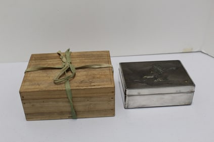 Japanese wood box with silver and gold inlaid