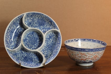 Chinese Blue and White Porcelain Sectional Dish and Bowl