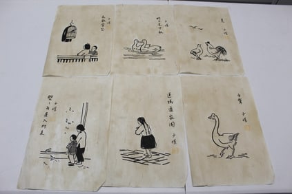 Set of Six Chinese Ink Painting on Paper.