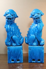 Pair of Chinese Turquoise Glazed  Porcelain Foo Dogs.
