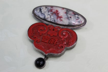 Sterling Silver Brooch with Chinese Cinnabar Pendent