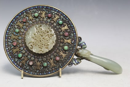Chinese mirror with jade inlaid and handle