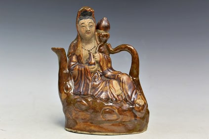 Chinese Brown Glazed Pottery Guanyin Teapot