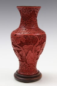 Chinese Cinnabar Vase on Wood Stand