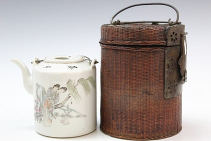 Chinese Famille Rose Porcelain Teapot and Weaved Bamboo Container