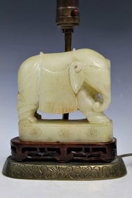 Chinese Carved Soapstone Elephant Statue Lamp