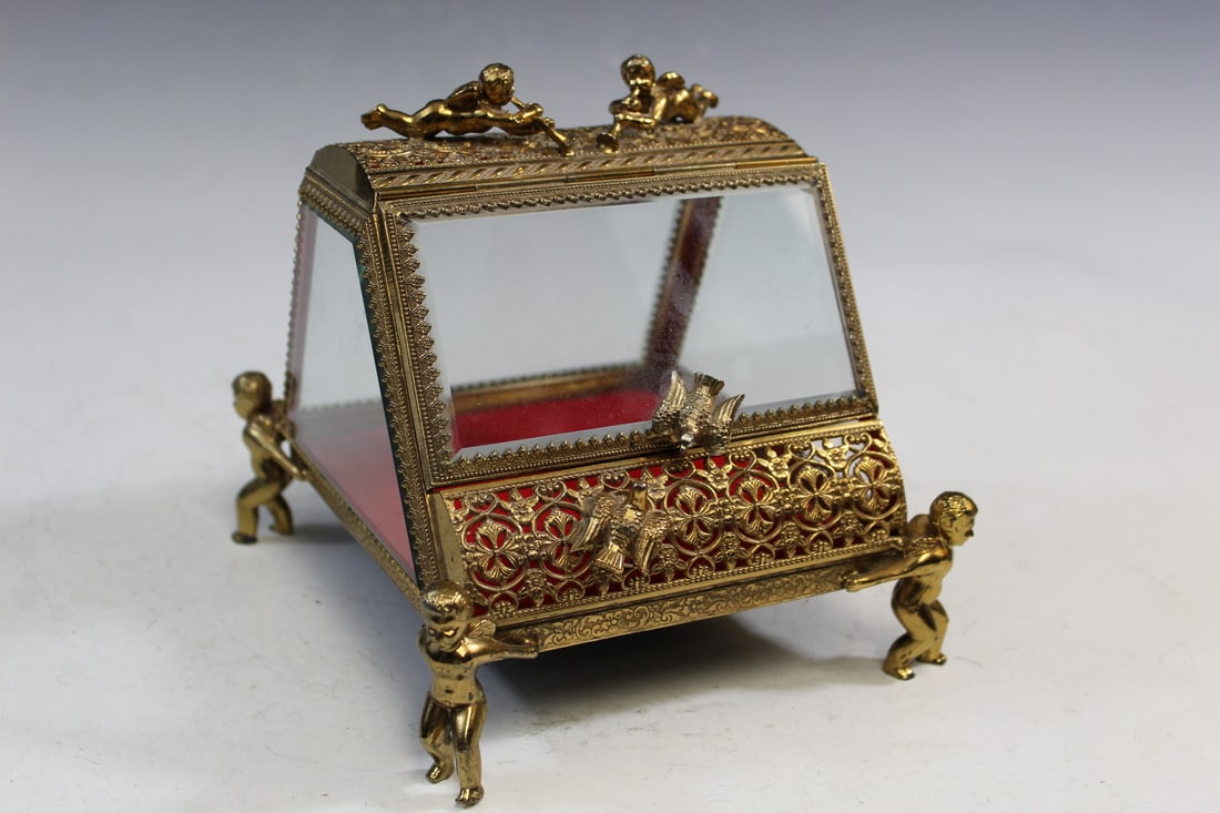 Vintage French Jewelry Casket w/birds, Cherubs, Gold Ormolu Beveled Glass Trinket Box (1 of 6)