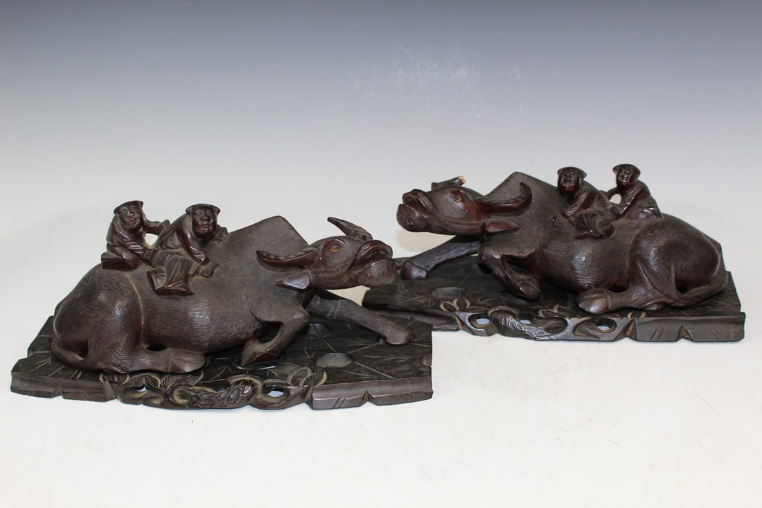 Two Chinese Carved Wood Buffalo Statues (1 of 4)