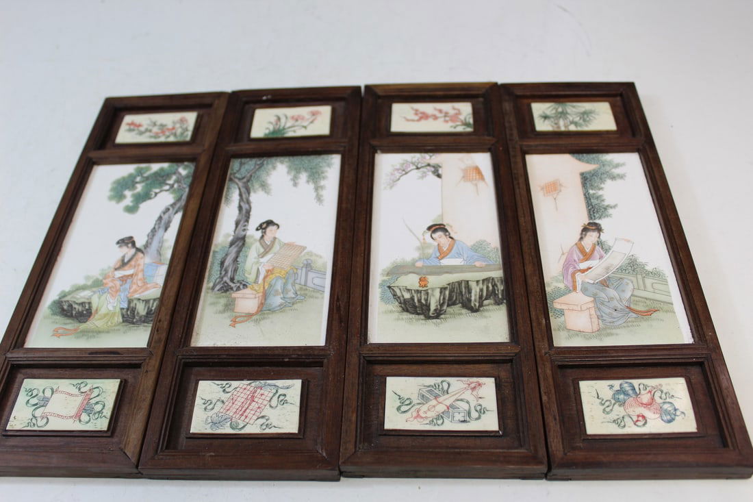 Chinese Porcelain Tile and Carved Bone Small Four Panel Screen: Chinese Porcelain Tile and Carved Bone Small Four Panel Screen. Each panel 28x9x1.5 cm.