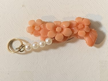 Carved Coral and Pearl Pendant