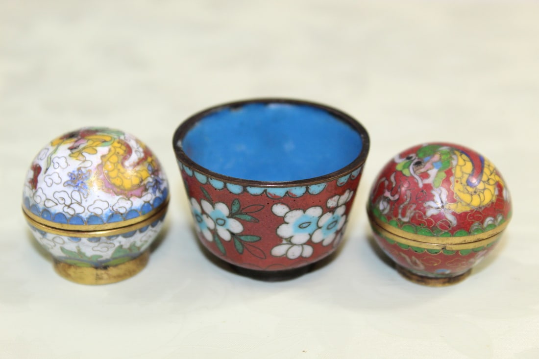 Three Chinese Cloisonne Miniature Boxes and Cup (1 of 5)