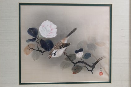 Japanese Watercolor Painting on Silk of Bird and Flowers