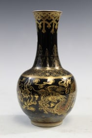 Chinese Gilt on Mirror Black Glaze Porcelain Dragon Vase