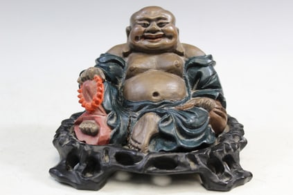 Chinese Lacquered Wood Laughing Buddha Statue