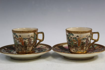 Pair of Japanese Takezan Satsuma Porcelain Cups and Saucers