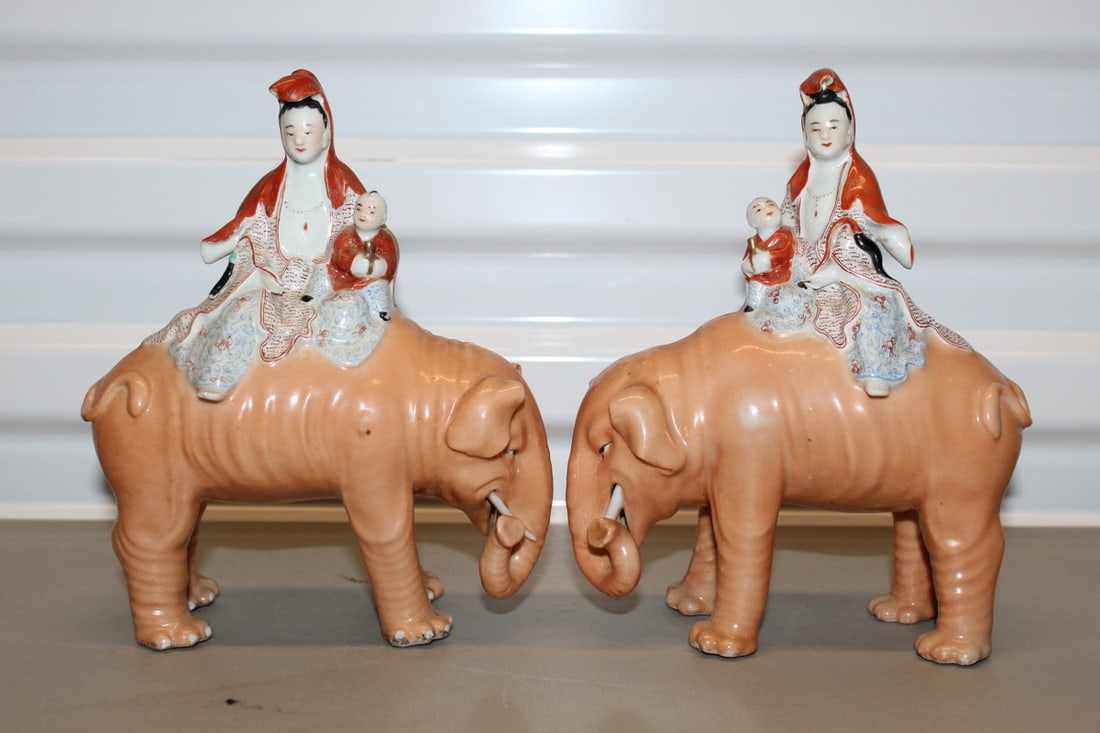 Pair of Chinese Famille Rose Porcelain Statues of Guanyin Riding an Elephant (1 of 6)