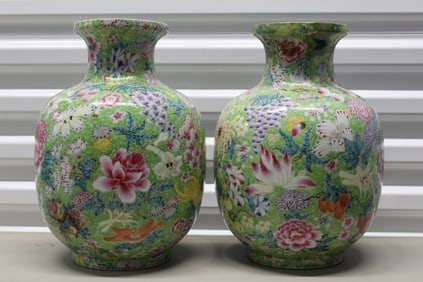 Pair of Chinese Famille Rose Hundred-Flowers Porcelain Vases