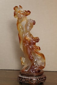 Chinese Carved Agate Figure on Wood Stand