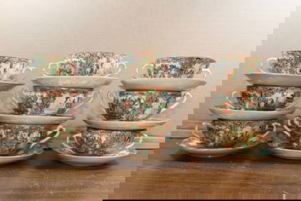 Nine Sets of Chinese Rose Medallion Porcelain Cups and Saucers.