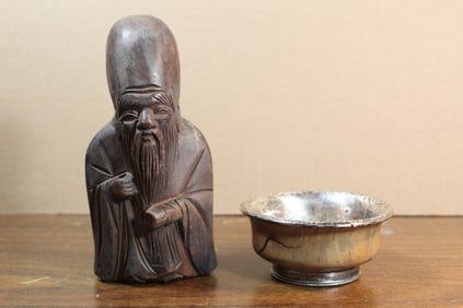 Tibetan Silver Wood Bowl and Japanese Carved Wood Shoulao Statue