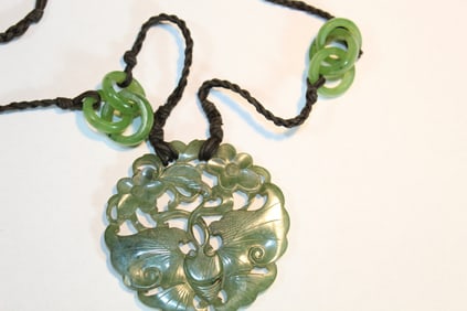 Chinese Carved Spinach Jade Pendant