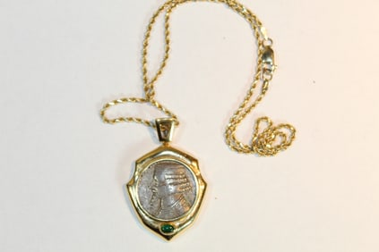 14K Gold Necklace and a Gold Tone Framed Coin