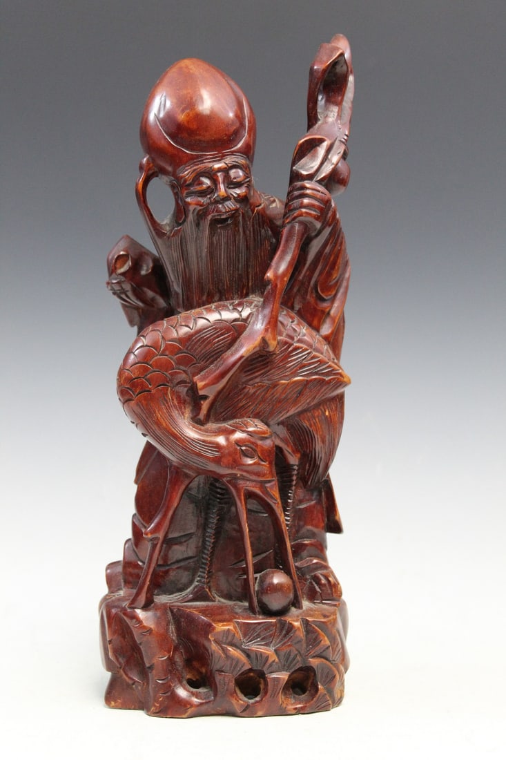 Chinese Carved Wood Shoulao Statue: Chinese Carved Wood Shoulao Statue. H 34 cm