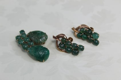 14 K Gold Green Stone Brooch and Earrings.