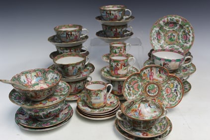 Large Group of Chinese Rose Medallion Cups and Dishes