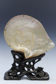 Antique Chinese Carved Seashell on Wood Stand