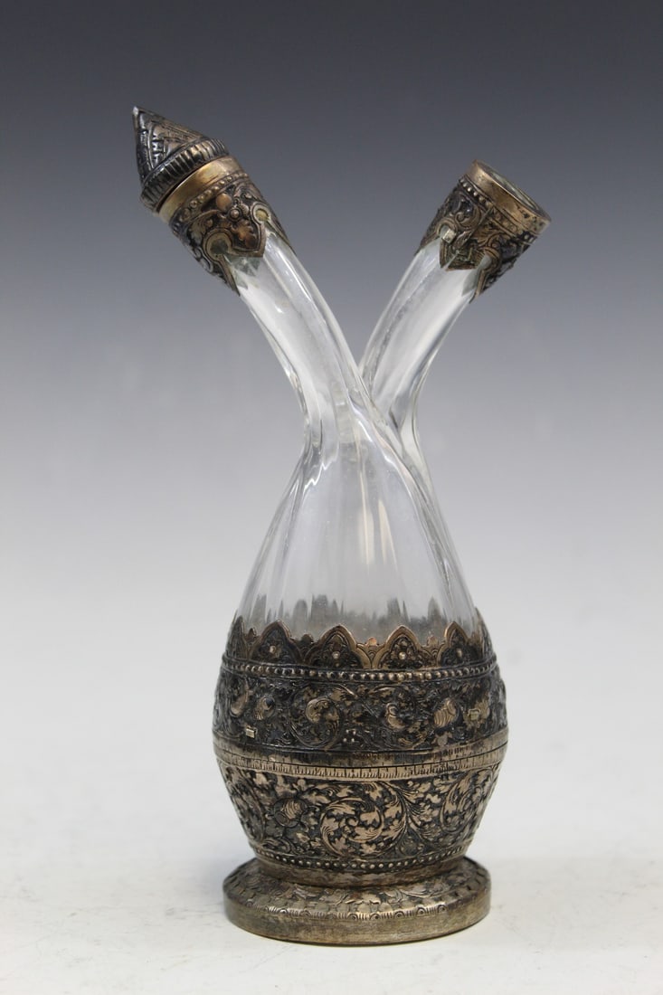 Persian Mounted French Glass Bottle, made in France mark on the glass.: Persian Mounted French Glass Bottle, made in France mark on the glass.. Ht 18 cm. Dia 7 cm.
