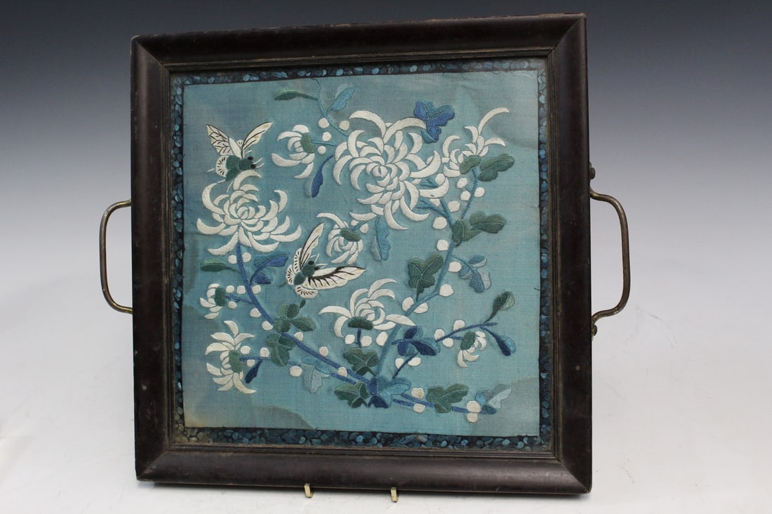 Wood Tea Tray with Chinese Embroidery Inside: Wood Tea Tray with Chinese Embroidery Inside. 35x30 cm. As IS