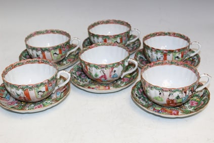 Six Sets of Chinese Rose Medallion Porcelain Teacups and Saucers
