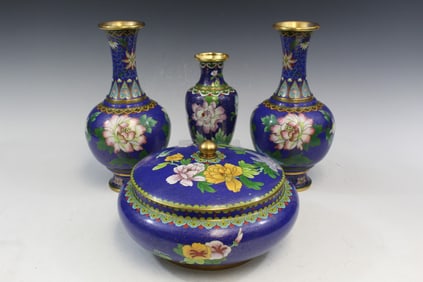 Group of Four Chinese Cloisonne Vases and Bowl