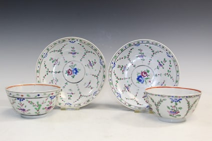 Pair of Chinese Export Famille Rose Porcelain Bowls and Saucers