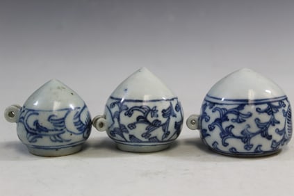Three Chinese Blue and White Porcelain Bird Feeders