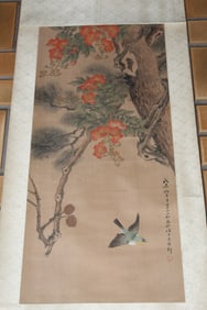 Asian Scroll, Ink and Watercolor on Silk. Bird and Flowers.