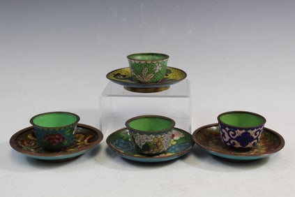 Four Chinese Cloisonne Cups and Saucers