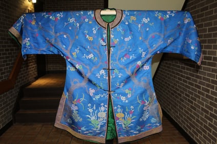 Antique Chinese Blue Ground Brocade Lady's Silk Robe