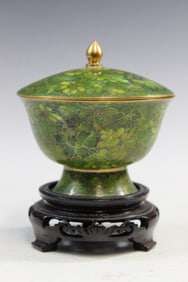 Chinese Cloisonne Covered Cup on Wood Stand