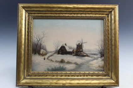 Antique Oil Painting on Board, Windmill in Snow
