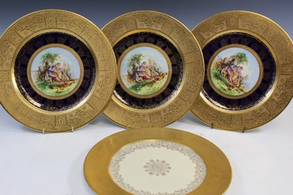Three Royal Bavanian Plates Hand Engraved 24 Carat Coin Gold and One Royal China Plate