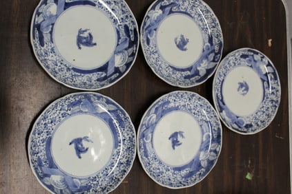 Five Japanese Blue and White Porcelain Dishes