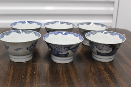 Six Japanese Blue and White Porcelain Bowls