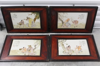 Set of Four Chinese Hand Painted Porcelain Wall Panels.