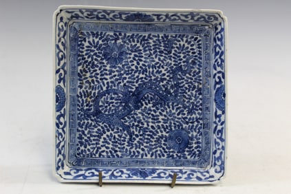 Chinese Blue and White Porcelain Square Dragon Dish
